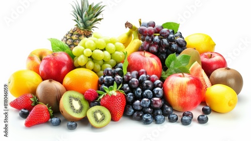 A variety of fruits are arranged in a pile.