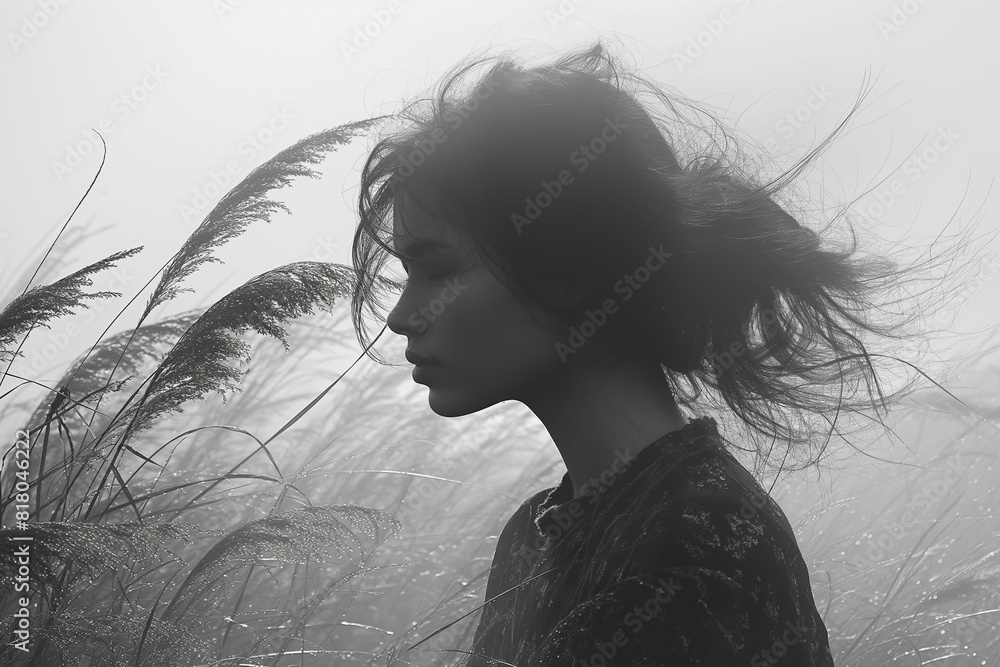 Fototapeta premium A woman with long hair is standing in a field of tall grass. LOVE Romantic Silhouette Couple Lonely Sadness of time. Chasing love, and the feelings dream of to fill the void of loneliness.