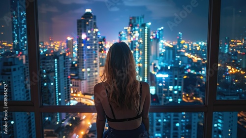 Woman tourist enjoying her urban city skyline of the nightlife view from the hotel room balcony for vacation and travel concep  photo