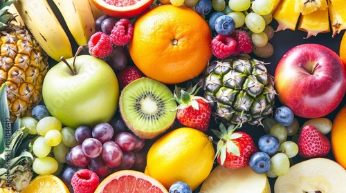 A variety of fruits are arranged together on a white background. 