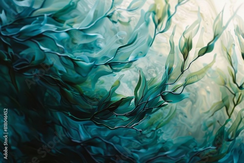 Abstract painting inspired by the ocean, close up, focus on, vibrant colors, double exposure silhouette with waves