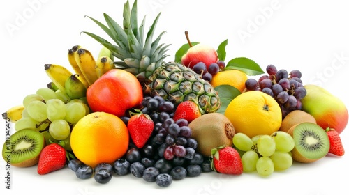 A variety of fruits are arranged together on a white background. 