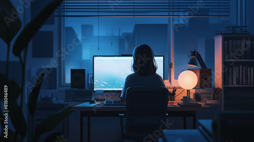 ilustración chica trabajando en la noche frente a su computadora   photo