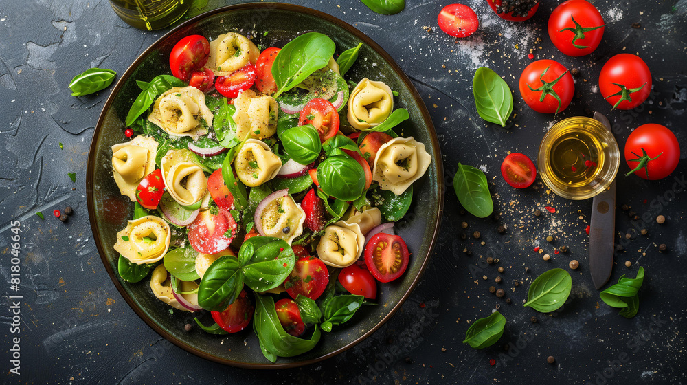 plate tortellini salad with tomatoes basil onions