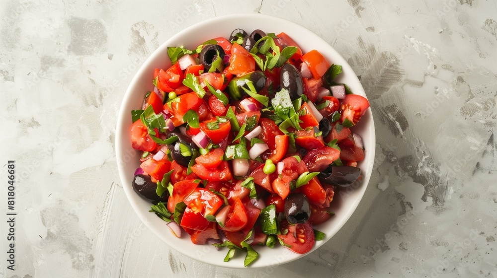 Top view puttanesca salad with tomatoes onion olives capers parsley in white bowl Top view puttanesca salad with tomatoes onion olives capers parsley in white bowl