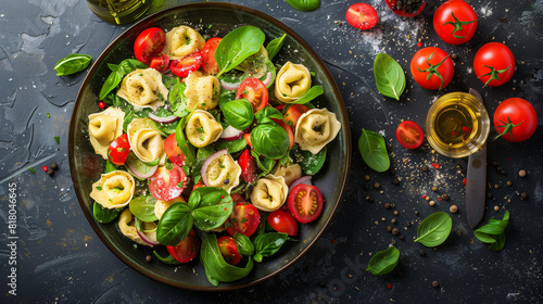 plate tortellini salad with tomatoes basil onions