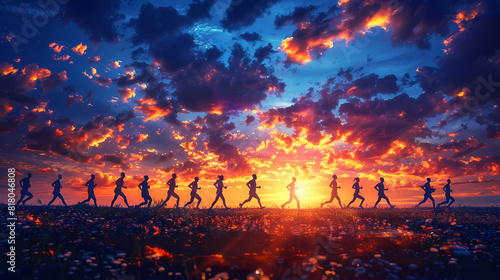The black silhouettes of marathon runners against the backdrop of a captivating sunset, capturing the essence of endurance and determination in the sport of long-distance running. photo