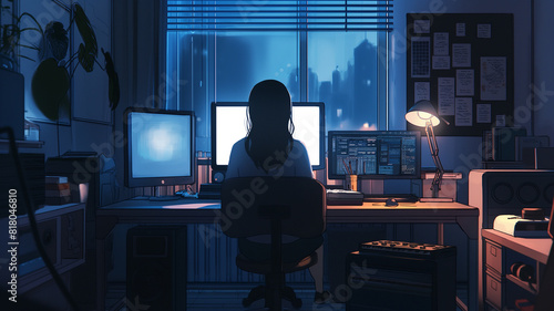 ilustración chica trabajando en la noche frente a su computadora 