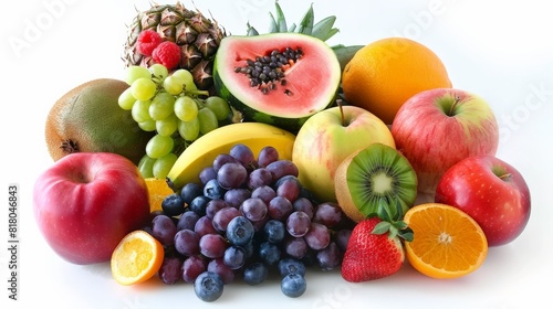 A variety of fruits are arranged together on a white background. 