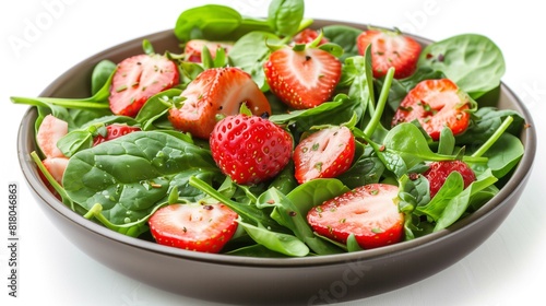 Fresh strawberry spinach salad with strawberry slices poppy seeds isolated on white background