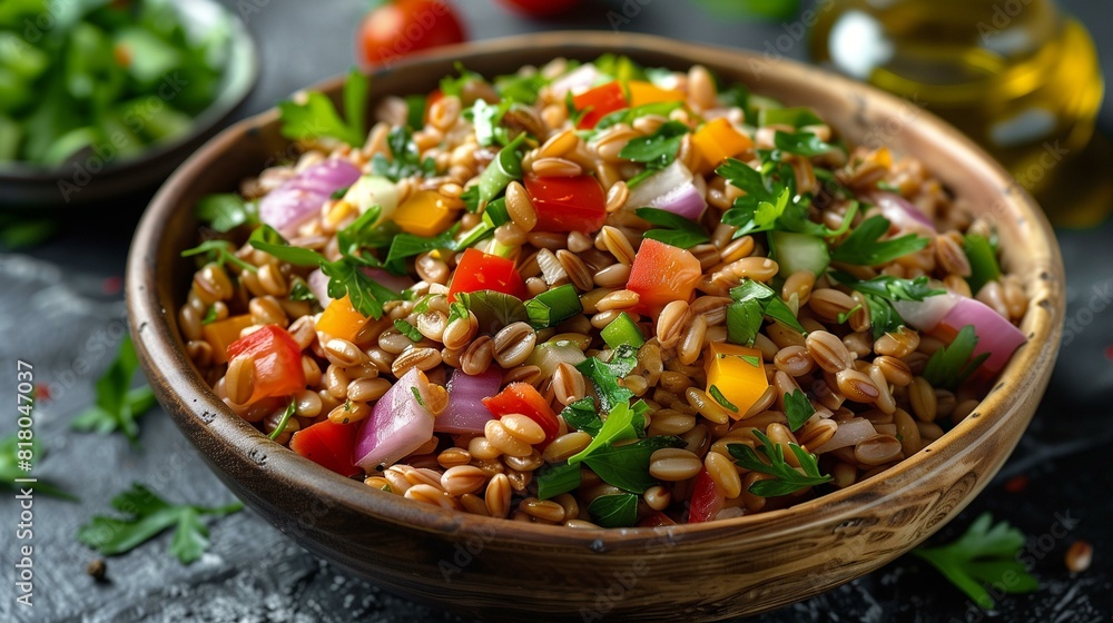 Farro salad with roasted red peppers cucumber red onion parsley Farro salad with roasted red peppers cucumber red onion parsley