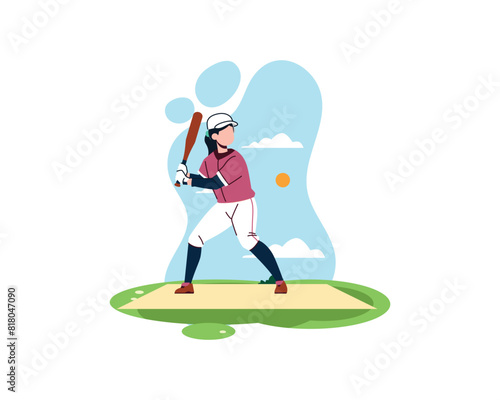 female baseball player takes steps to hit the ball. sport and recreation concept. Healthy lifestyle illustration in flatstyle design