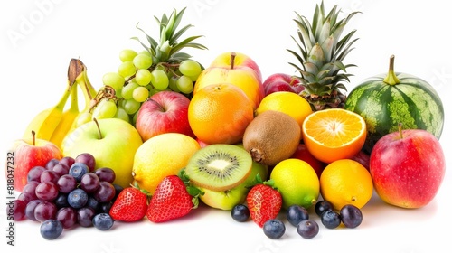 A variety of fruits are arranged together on a white background. 