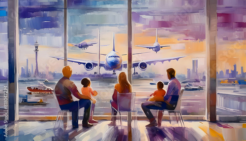 Silhouette of happy family wait for departure at airport lounge room together before vacation on digital art concept, Generative AI.