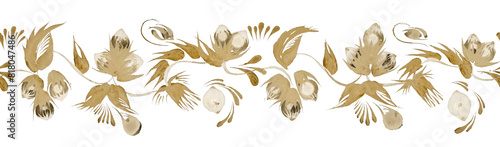 Bild auf Leinwand Floral seamless border pattern from golden hand drawn hazelnut sprigs, leaves an