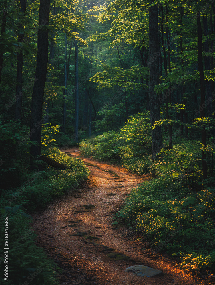 Obraz premium A forest path with a trail of leaves and a rock