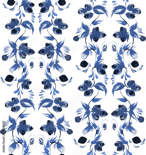 Floral damask seamless pattern from blue hand drawn hazelnut twigs, leaves and indigo nuts on a white background