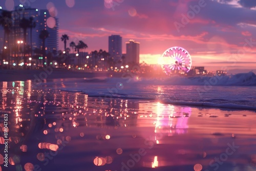 Beach scene with a cityscape  close up  focus on  vibrant colors  double exposure silhouette with skyscrapers