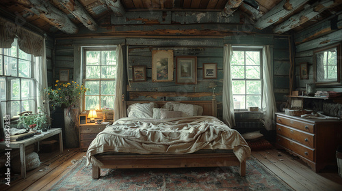 A rustic, log cabin-style bedroom from the 1900s with a wooden platform bed and vintage, outdoor-inspired decor photo
