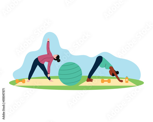 Young woman and pregnant woman are stretching together. sport and recreation activities concept. Simple flat design in active healthy lifestyle illustration