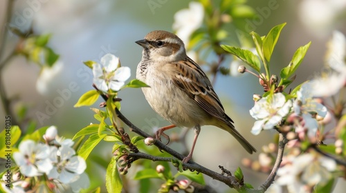 Sparrow Perched on Blossoming Branch in Spring © Wan