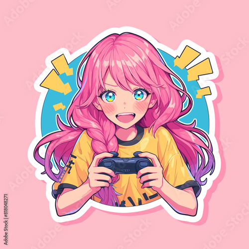 Anime girl gamer or streamer with gamepad joystick. Cartoon anime style. Vector character sticker design isolated on a white background	
