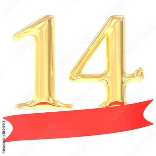 Anniversary 14 Number Gold And Red 3d Rendering