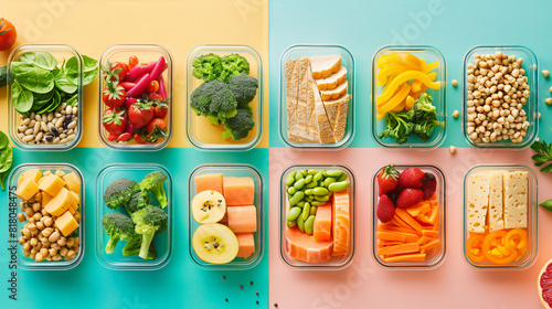 Containers with healthy food and meal plan on color background