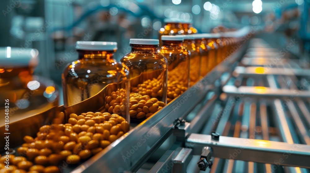 Close-up of conveyor belt with rows of pills, small glass medicine bottles, precise pharmaceutical production, laboratory setting, bright lighting Close-up of conveyor belt with rows of pills, small glass medicine bottles, precise pharmaceutical production, laboratory setting, bright lighting