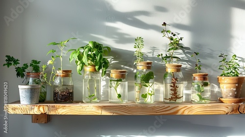 Indoor plant propagation station, cuttings in water jars, showcasing the process of growing new plants