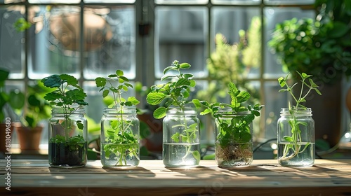 Indoor plant propagation station, cuttings in water jars, showcasing the process of growing new plants