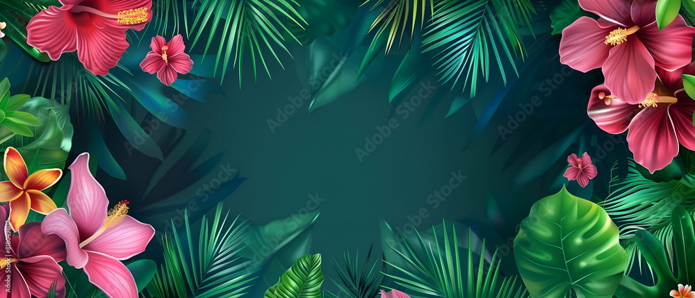 Obraz premium Text space banner frame flower Spring background. flower background for design. Colorful background with tropical plants
