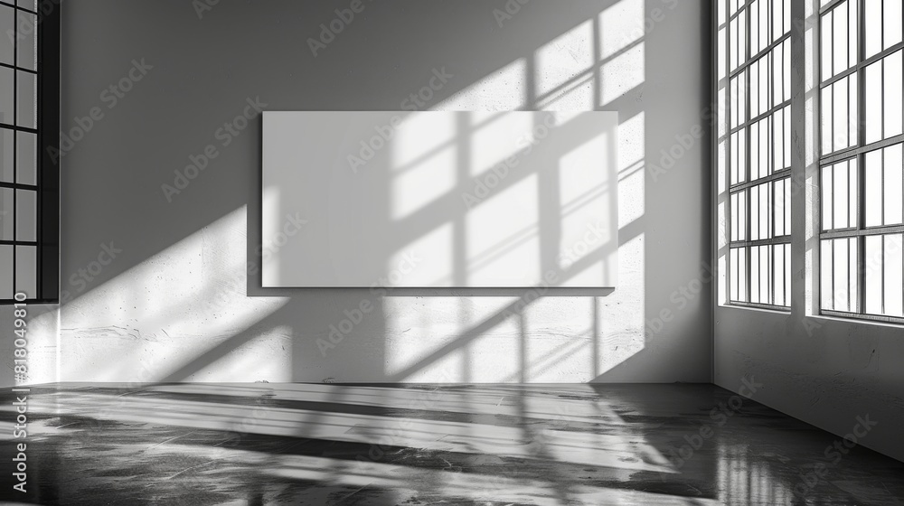 Obraz premium Large blank canvas in sunlit minimalist art studio with concrete floor - afternoon