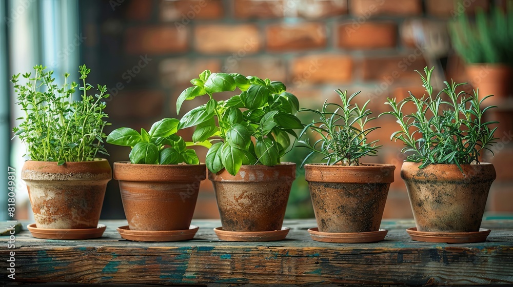Herb garden in a rustic kitchen, fresh basil, rosemary, and thyme in terracotta pots, cozy and aromatic Herb garden in a rustic kitchen, fresh basil, rosemary, and thyme in terracotta pots, cozy and aromatic