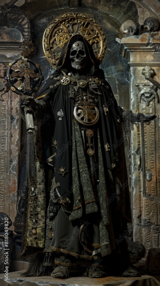 In this ominous portrayal, a lich clothed in dark mystical robes adorned with arcane symbols wields powerful magic. The smoky, eerie backdrop adds to the aura of dark sorcery.
