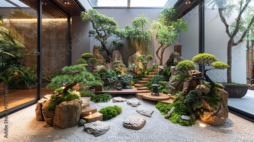 Indoor zen garden with bonsai and miniature landscapes, serene and meditative space