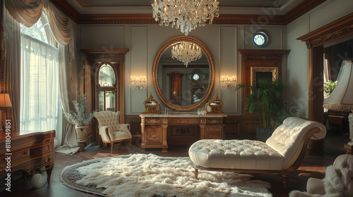 A vintage bedroom featuring a wooden vanity with a large oval mirror, a plush chaise lounge, and a crystal chandelier. photo