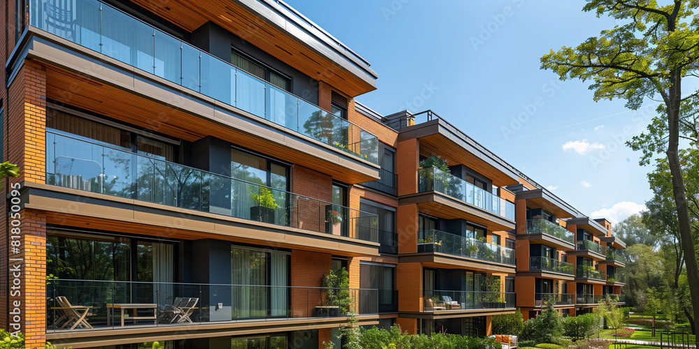 A contemporary apartment block with spacious balconies, combining wood and glass elements. The building's clean lines and ample natural light make it a perfect blend of modernity and nature. A contemporary apartment block with spacious balconies, combining wood and glass elements. The building's clean lines and ample natural light make it a perfect blend of modernity and nature.