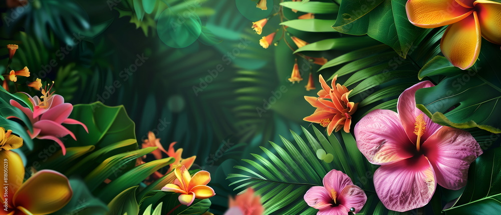 Text space banner frame flower Spring background. flower background for design. Colorful background with tropical plants Text space banner frame flower Spring background. flower background for design. Colorful background with tropical plants