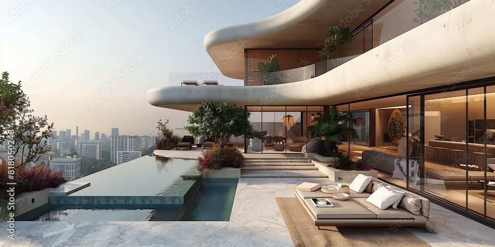 A contemporary apartment with an expansive balcony and infinity pool. The outdoor space features modern furnishings and a seamless blend of indoor and outdoor living for a luxurious lifestyle. A contemporary apartment with an expansive balcony and infinity pool. The outdoor space features modern furnishings and a seamless blend of indoor and outdoor living for a luxurious lifestyle.