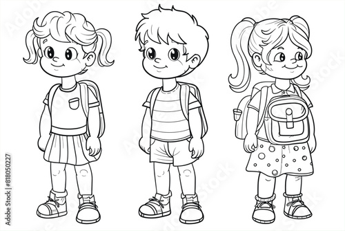 Coloring Pages with cute girls and boys Characters, Coloring book, happy children set.