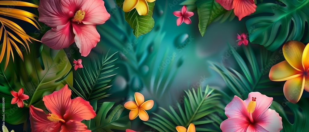 Text space banner frame flower Spring background. flower background for design. Colorful background with tropical plants Text space banner frame flower Spring background. flower background for design. Colorful background with tropical plants