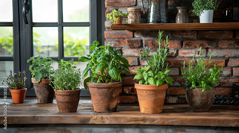 Herb garden in a rustic kitchen, fresh basil, rosemary, and thyme in terracotta pots, cozy and aromatic Herb garden in a rustic kitchen, fresh basil, rosemary, and thyme in terracotta pots, cozy and aromatic