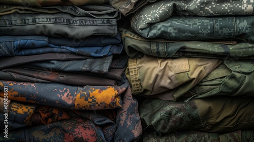 Close-up of a stack of military clothing, worn and new, varied textures and shades, highly detailed folds and creases photo