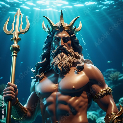 Poseidon is one of Twelve Olympians in ancient Greek religion and mythology, presiding over sea, storms, earthquakes and horses. He was the protector of seafarers and the guardian. AI generated photo