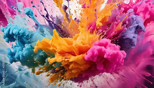 Vibrant explosion of blue  orange  pink  purple  and yellow paint splashes in dynamic motion  evoking joyful creativity and energetic expression.