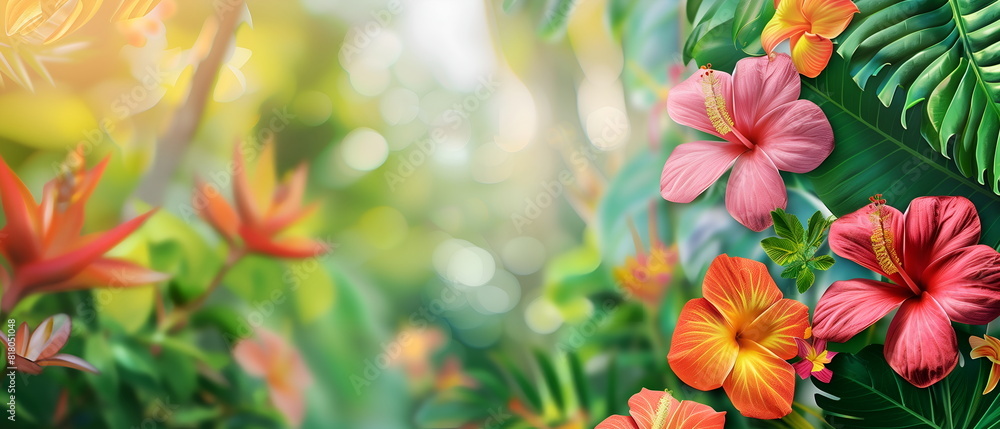 Text space banner frame flower Spring background. flower background for design. Colorful background with tropical plants Text space banner frame flower Spring background. flower background for design. Colorful background with tropical plants