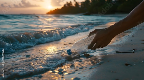 cleaning up bottle and can trash on the beach photo