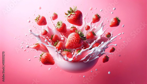 A lively and energetic scene of fresh strawberries floating and splashing in a pink milk bath  capturing the dynamic motion and vibrancy against a pink backdrop. Generated by AI