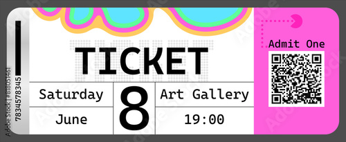 Retro style ticket template. Y2k style design. Hippie style ticket with futuristic elements.
